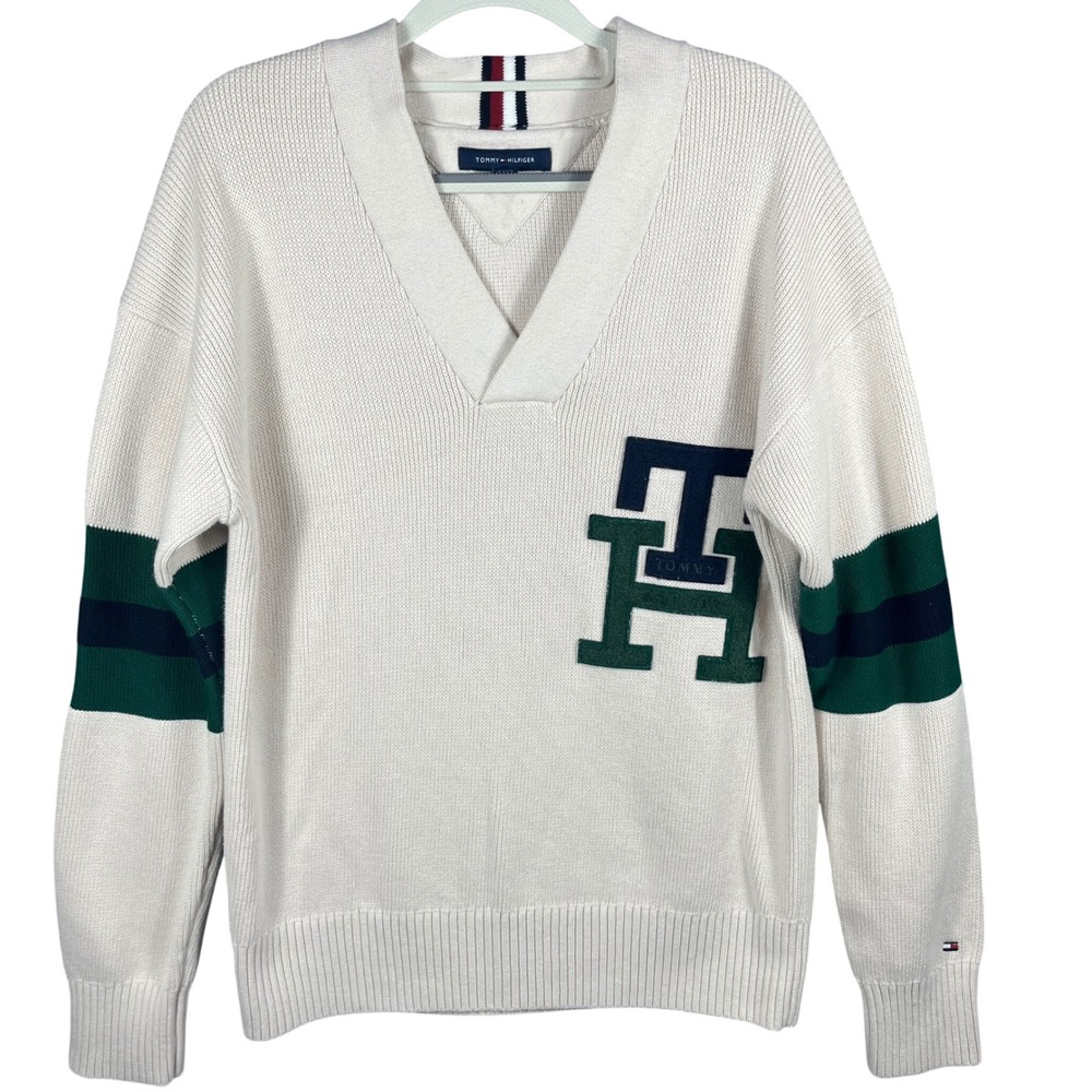 Tommy Hilfiger V-Neck Sweater Mens M Cream White Striped Sleeve TH Logo Cotton